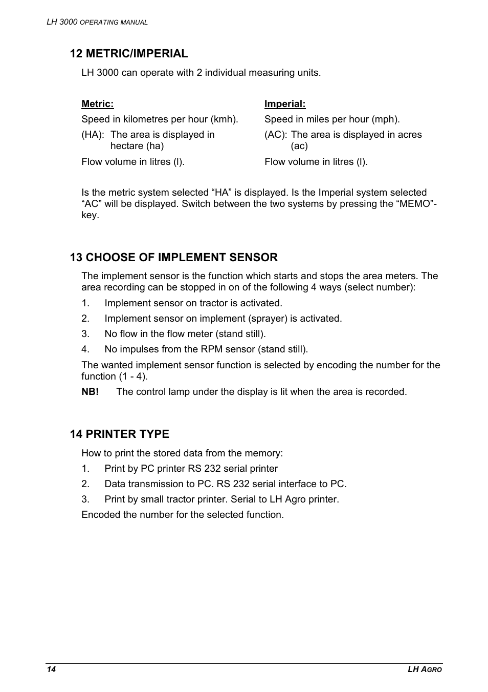 12 metric/imperial, 13 choose of implement sensor, 14 printer type | TeeJet LH 3000 User Manual | Page 14 / 24