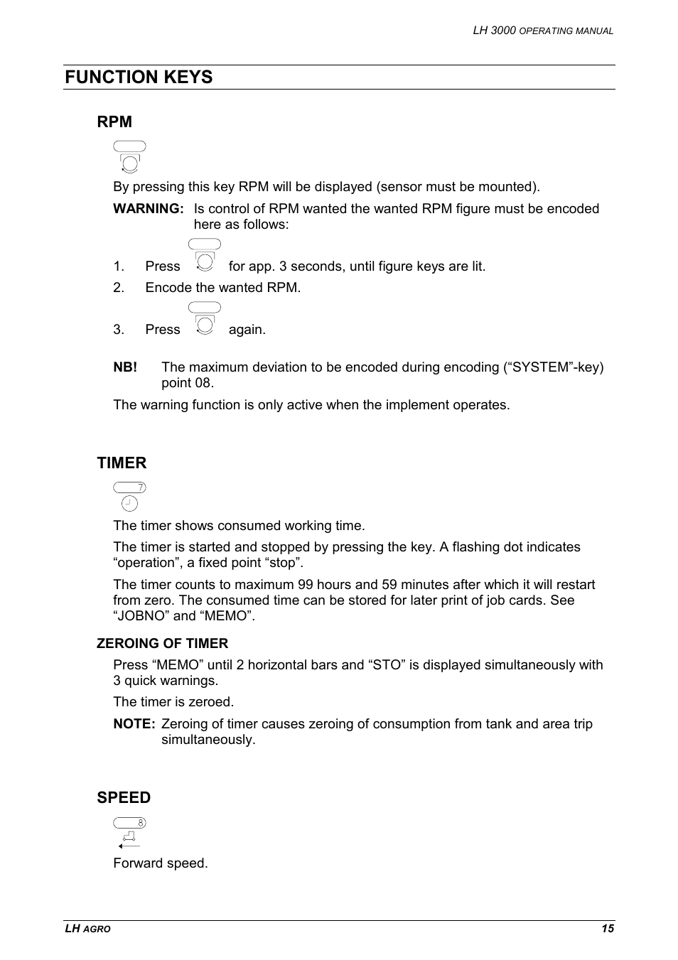 Function keys, Rpm timer, Zeroing of timer | Speed, Timer | TeeJet LH 3000 User Manual | Page 15 / 24