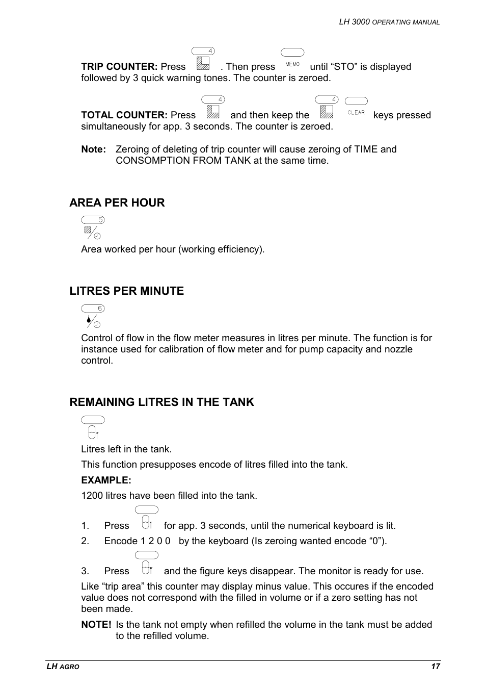 Area per hour, Litres per minute, Remaining litres in the tank | TeeJet LH 3000 User Manual | Page 17 / 24