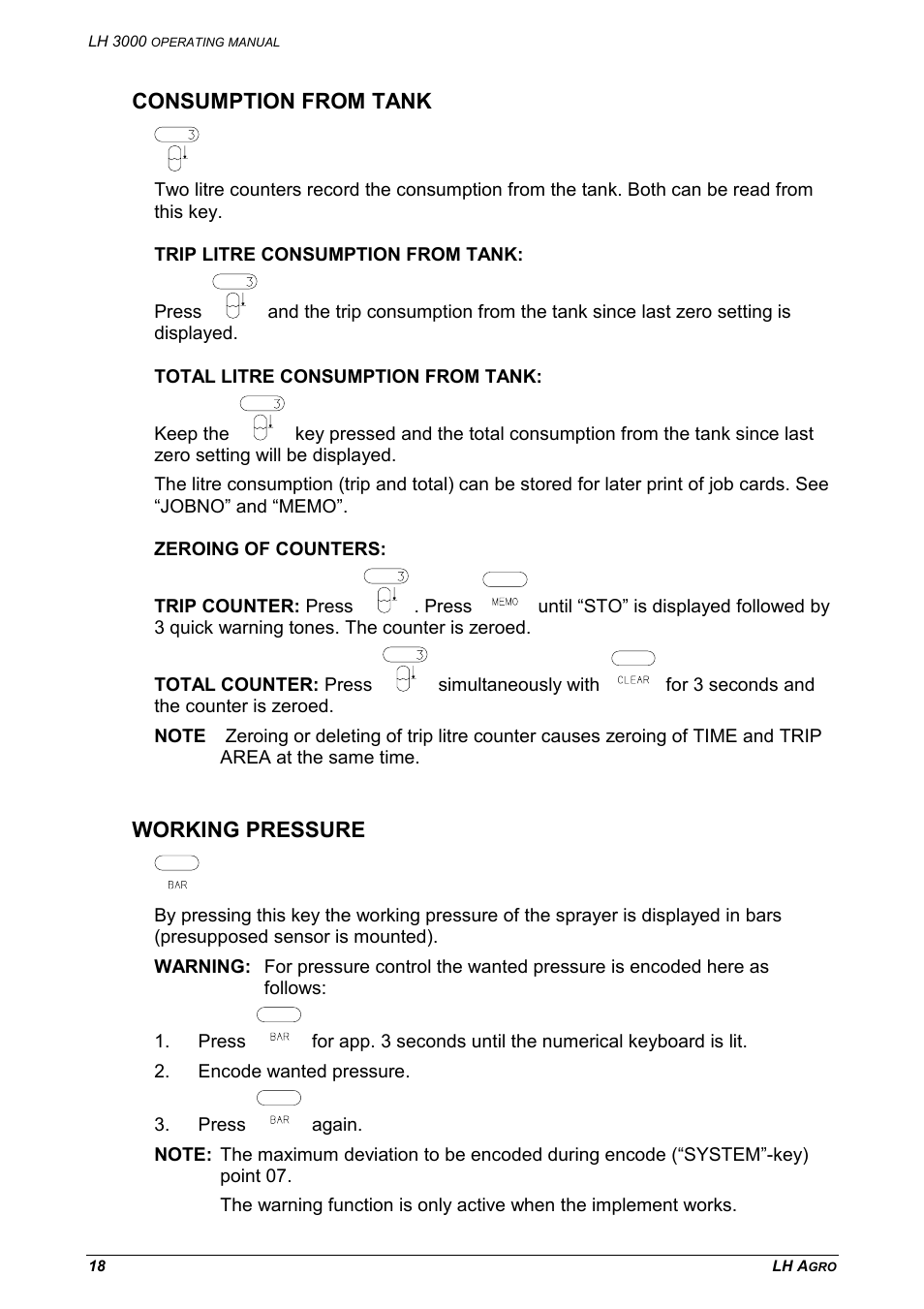 Consumption from tank working pressure, Consumption from tank, Working pressure | TeeJet LH 3000 User Manual | Page 18 / 24