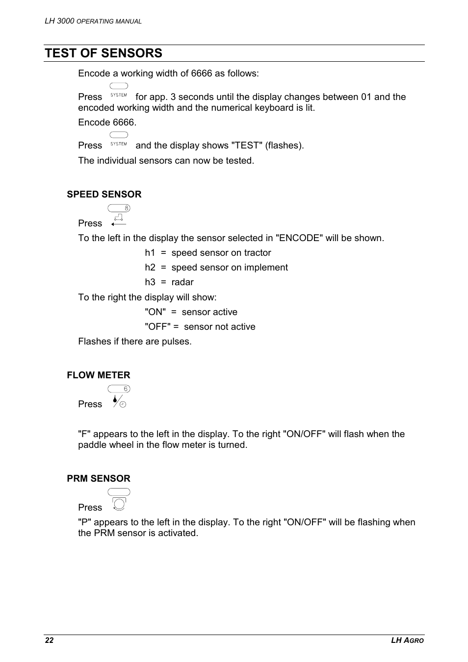 Test of sensors, Speed sensor flow meter prm sensor | TeeJet LH 3000 User Manual | Page 22 / 24