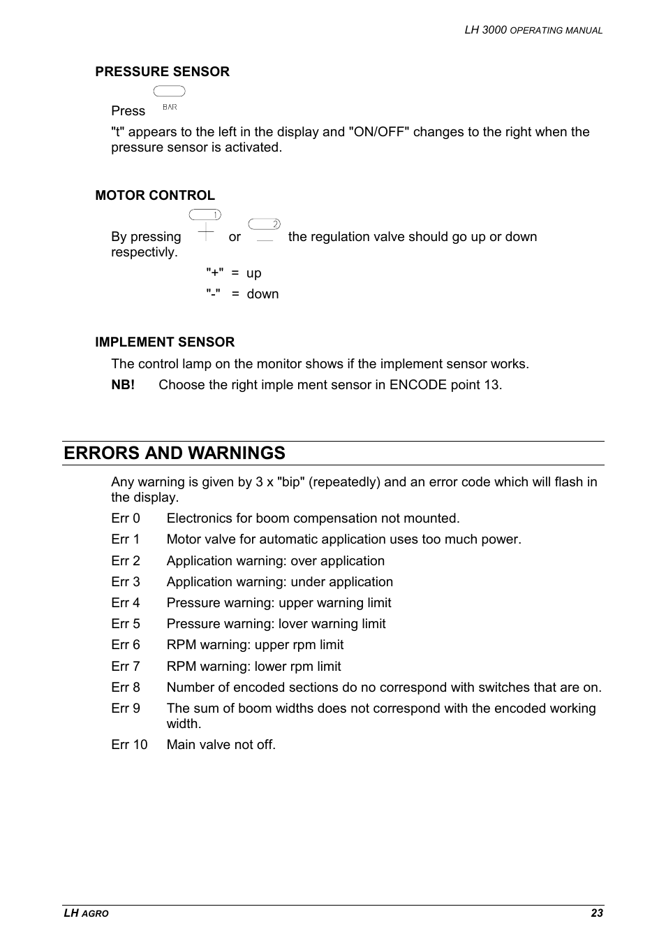 Pressure sensor motor control implement sensor, Errors and warnings | TeeJet LH 3000 User Manual | Page 23 / 24