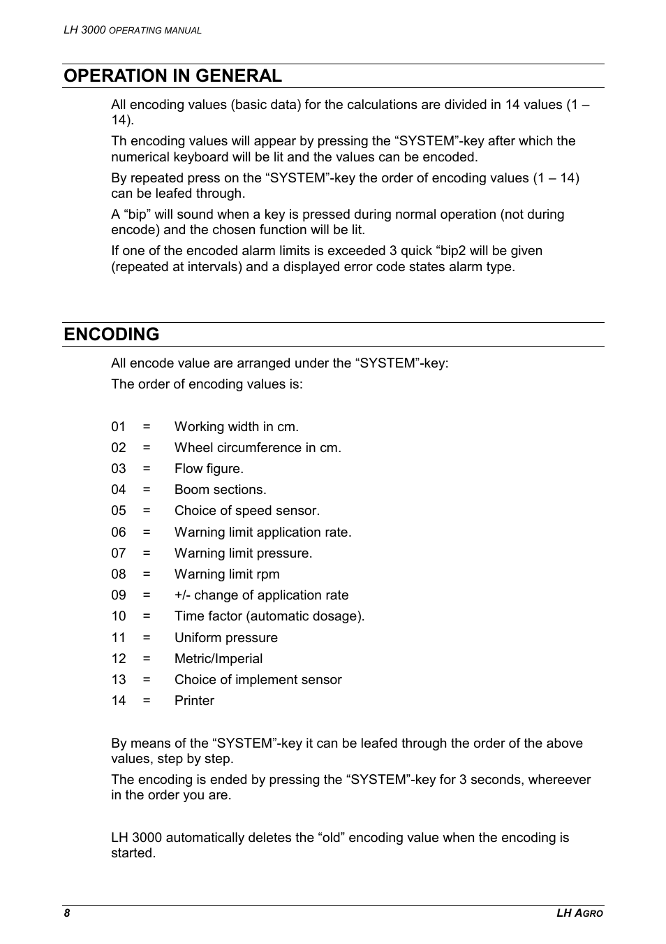 Operation in general encoding, Operation in general, Encoding | TeeJet LH 3000 User Manual | Page 8 / 24