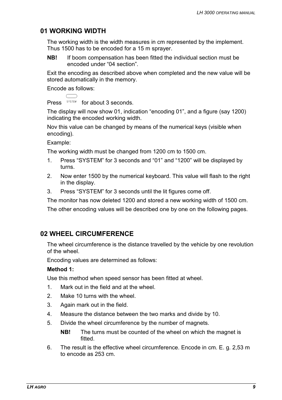 01 working width 02 wheel circumference, 01 working width, 02 wheel circumference | TeeJet LH 3000 User Manual | Page 9 / 24