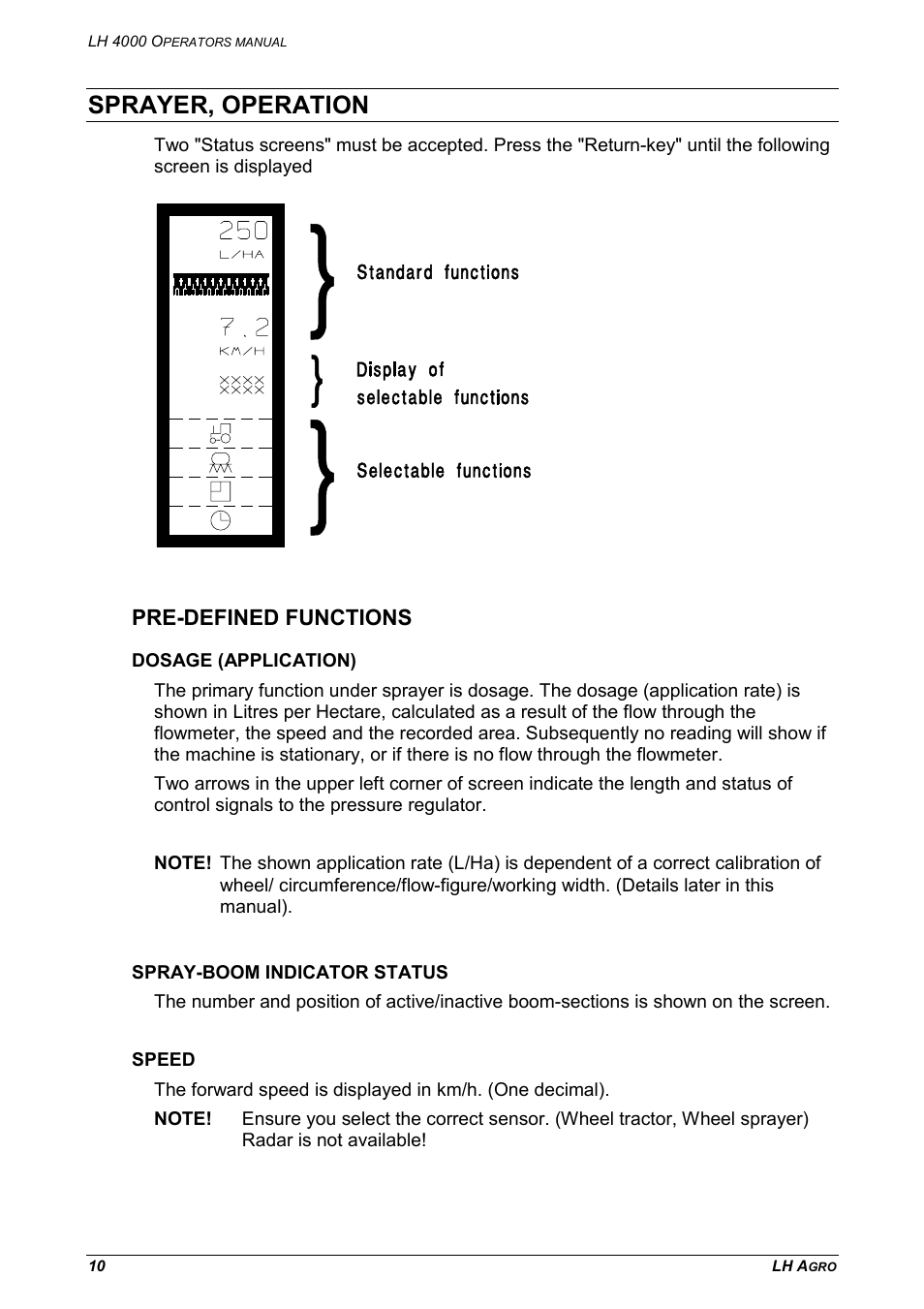 Sprayer, operation, Pre-defined functions | TeeJet LH 4000 User Manual | Page 10 / 44