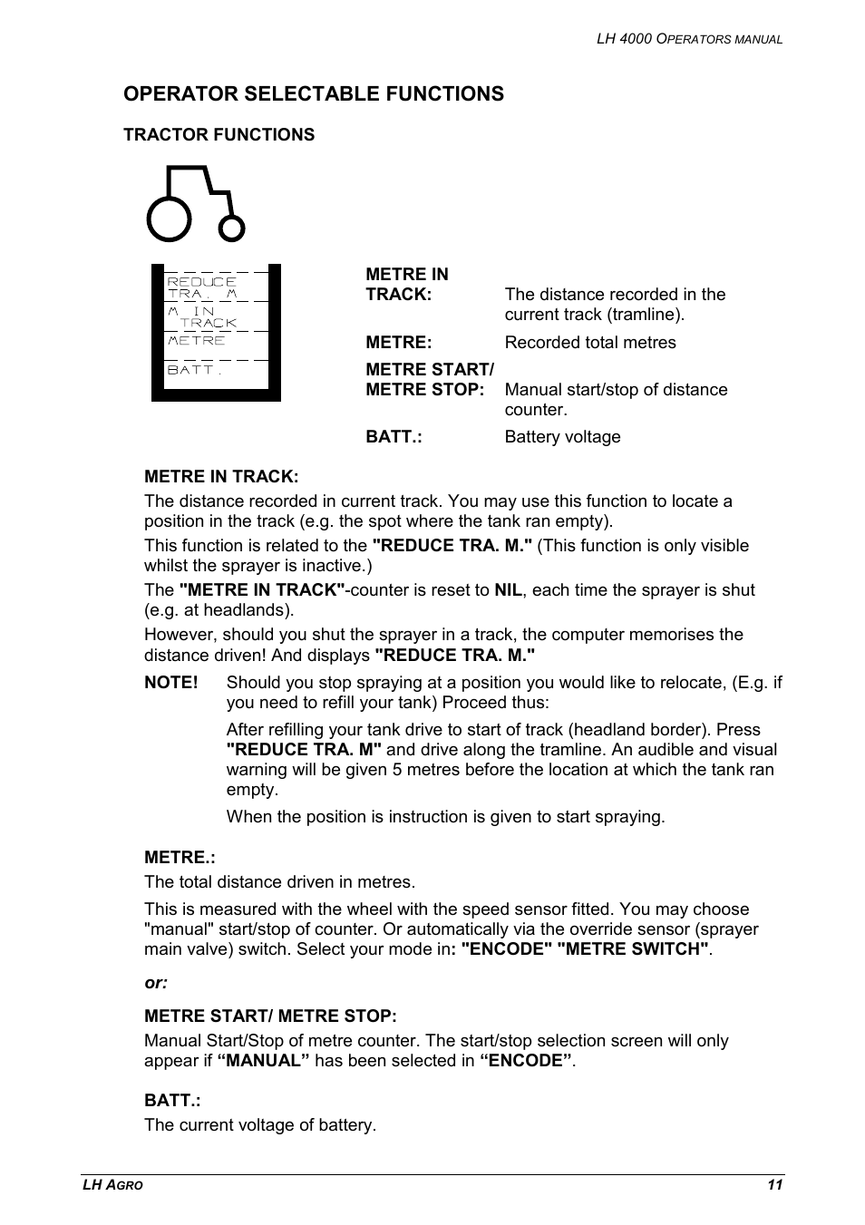 Operator selectable functions, Tractor functions | TeeJet LH 4000 User Manual | Page 11 / 44