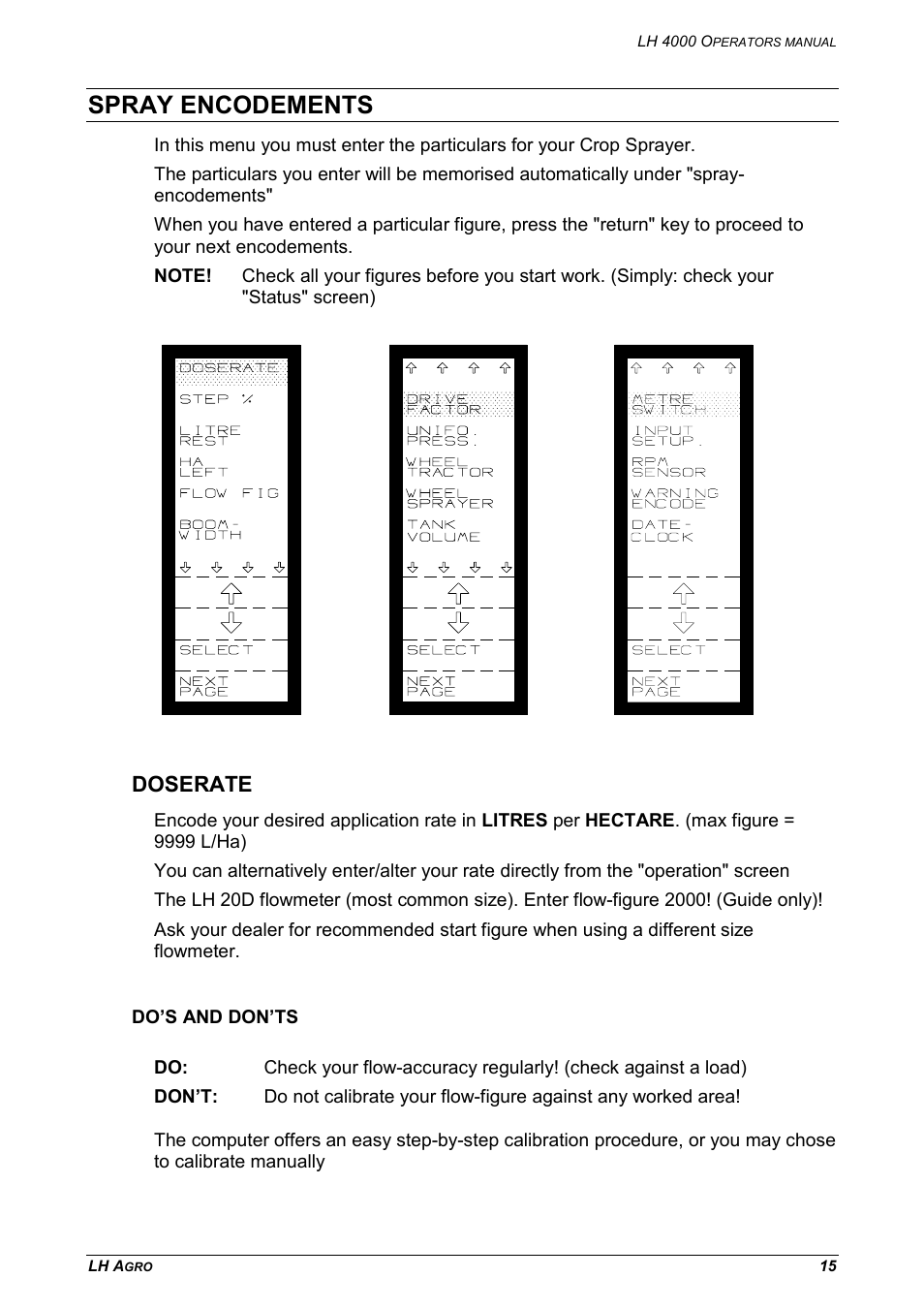 Spray encodements, Doserate, Do’s and don’ts | TeeJet LH 4000 User Manual | Page 15 / 44