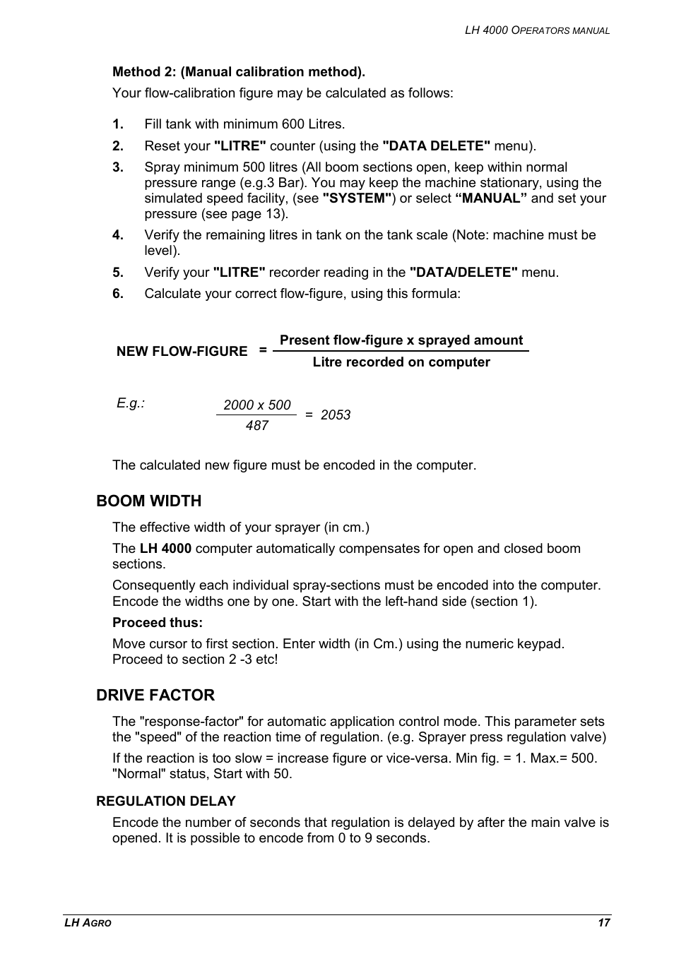 Boom width drive factor, Regulation delay, Boom width | Drive factor | TeeJet LH 4000 User Manual | Page 17 / 44