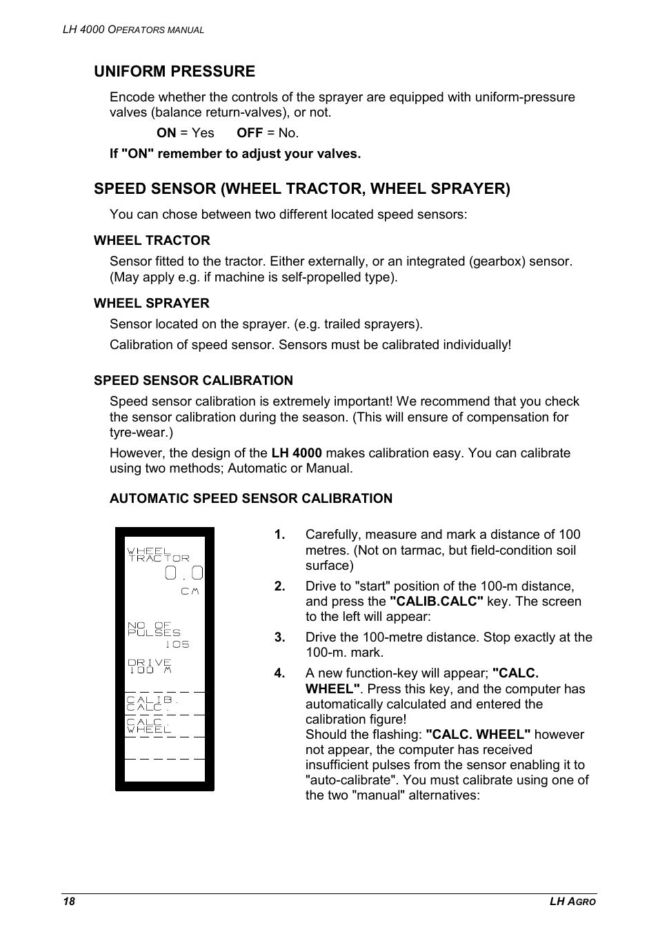 Uniform pressure, Speed sensor (wheel tractor, wheel sprayer) | TeeJet LH 4000 User Manual | Page 18 / 44