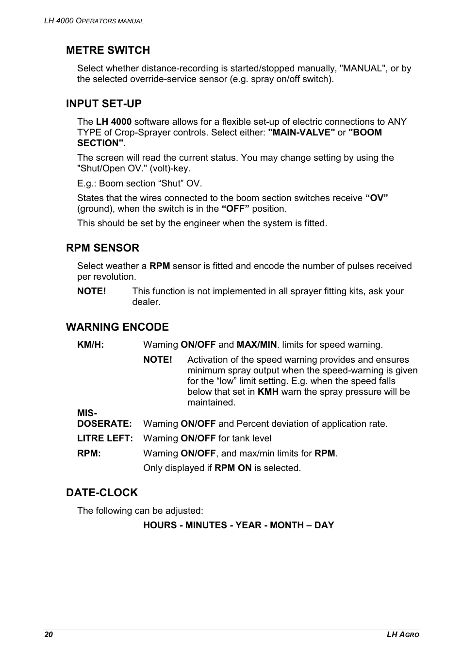 Date-clock, Metre switch, Input set-up | Rpm sensor, Warning encode | TeeJet LH 4000 User Manual | Page 20 / 44