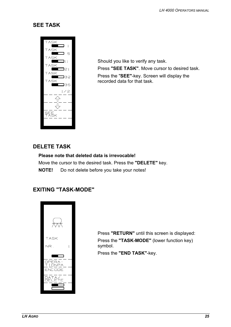 See task delete task exiting "task-mode, See task, Delete task | Exiting "task-mode | TeeJet LH 4000 User Manual | Page 25 / 44