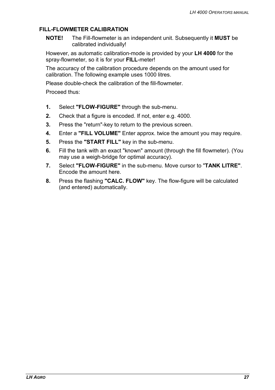 Fill-flowmeter calibration | TeeJet LH 4000 User Manual | Page 27 / 44