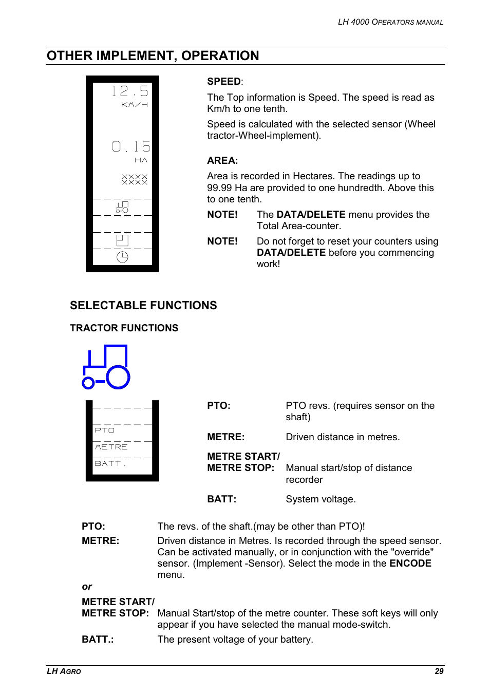 Other implement, operation, Selectable functions, Tractor functions | TeeJet LH 4000 User Manual | Page 29 / 44