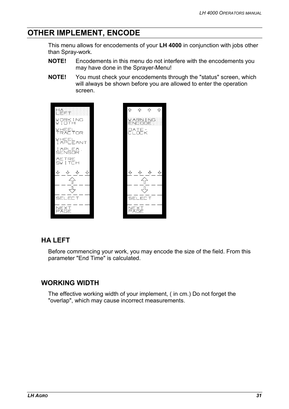 Other implement, encode, Ha left working width, Ha left | Working width | TeeJet LH 4000 User Manual | Page 31 / 44