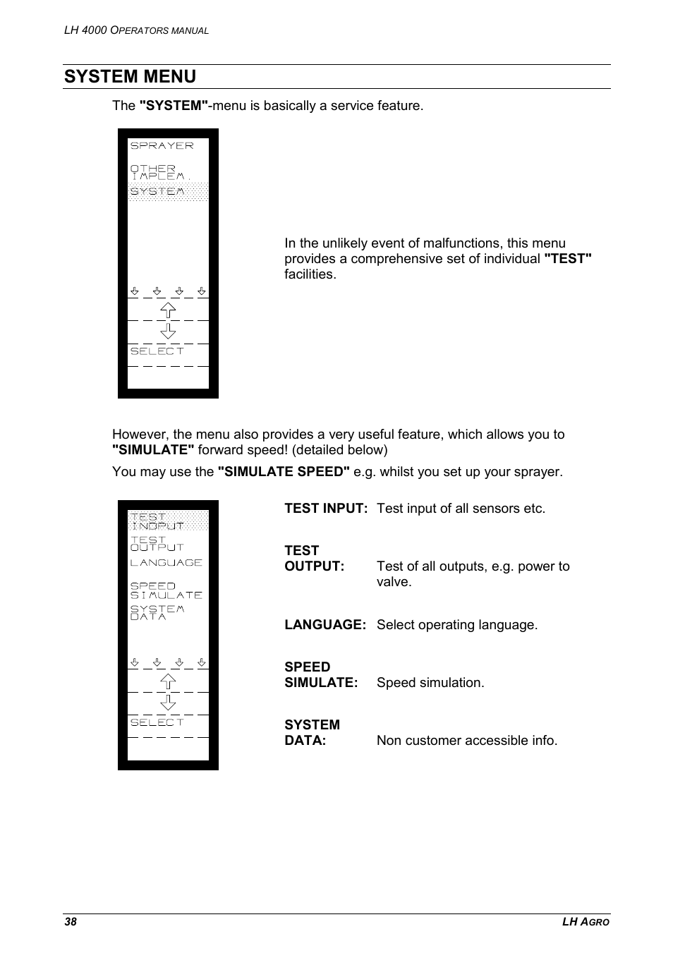 System menu | TeeJet LH 4000 User Manual | Page 38 / 44