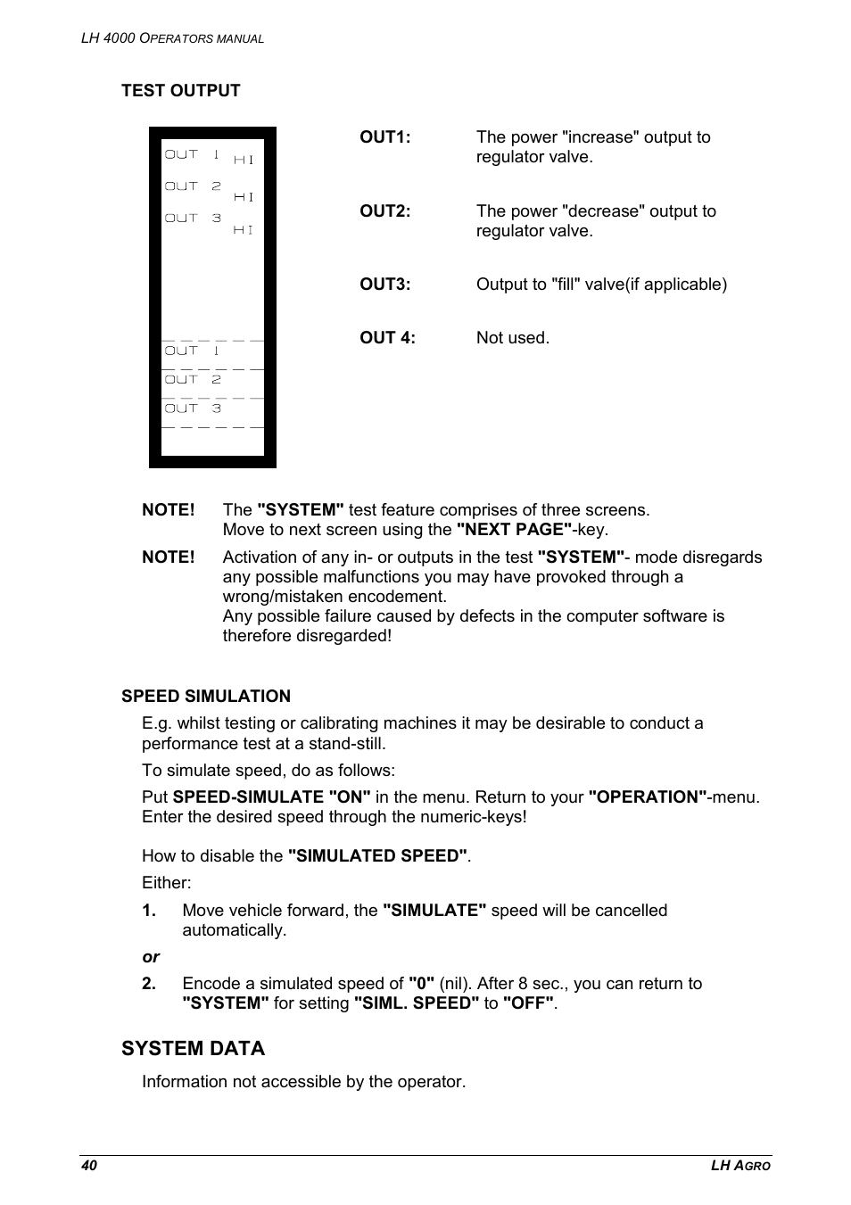 Test output speed simulation, System data | TeeJet LH 4000 User Manual | Page 40 / 44