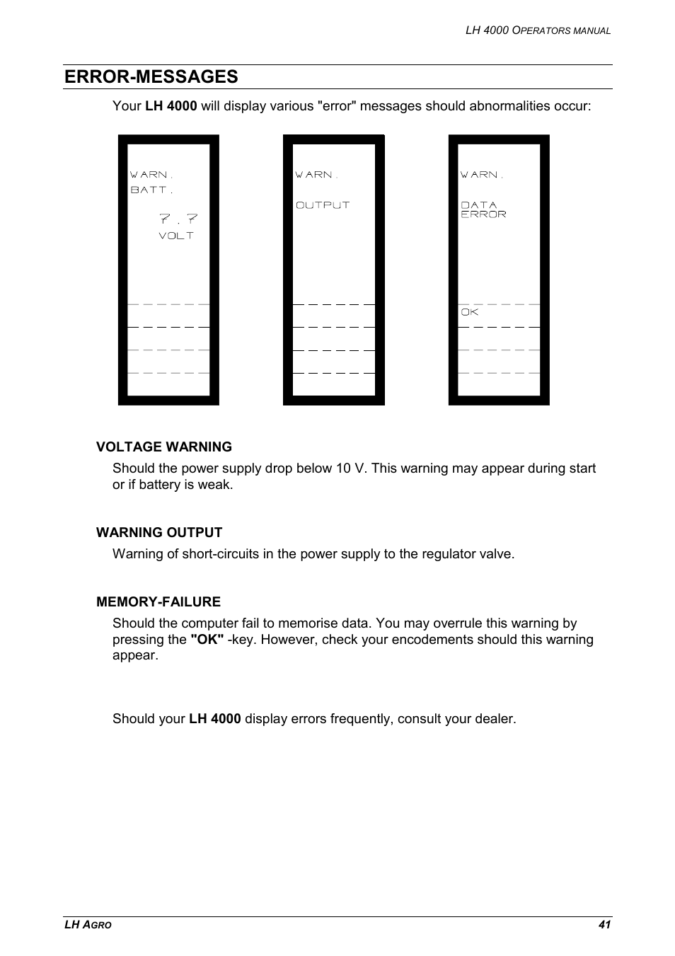 Error-messages, Voltage warning warning output memory-failure | TeeJet LH 4000 User Manual | Page 41 / 44