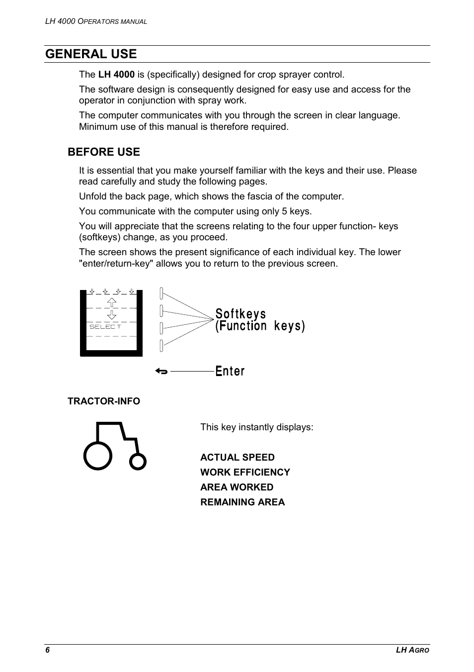 General use, Before use, Tractor-info | TeeJet LH 4000 User Manual | Page 6 / 44