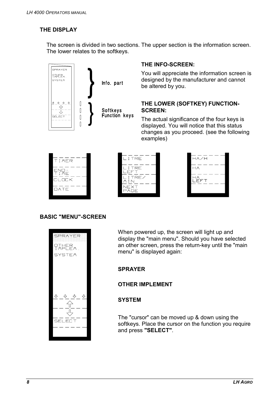 The display basic "menu"-screen | TeeJet LH 4000 User Manual | Page 8 / 44