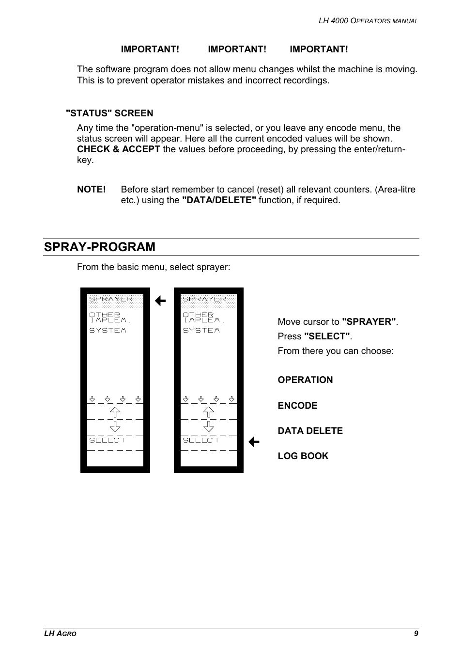 Status" screen, Spray-program | TeeJet LH 4000 User Manual | Page 9 / 44