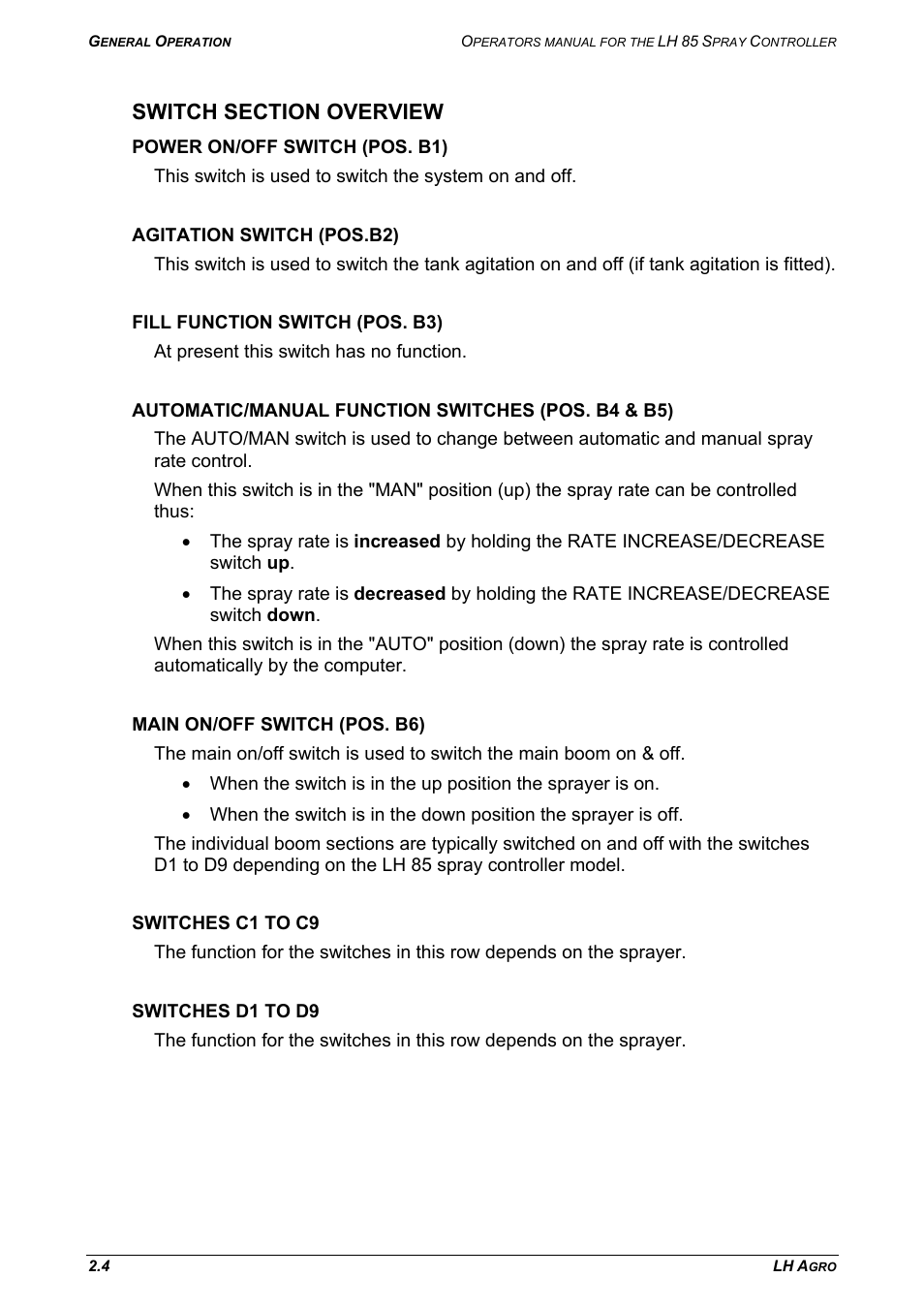 Switch section overview, Power on/off switch (pos. b1), Agitation switch (pos.b2) | Fill function switch (pos. b3), Automatic/manual function switches (pos. b4 & b5), Main on/off switch (pos. b6), Switches c1 to c9, Switches d1 to d9 | TeeJet LH 85 User Manual | Page 10 / 76
