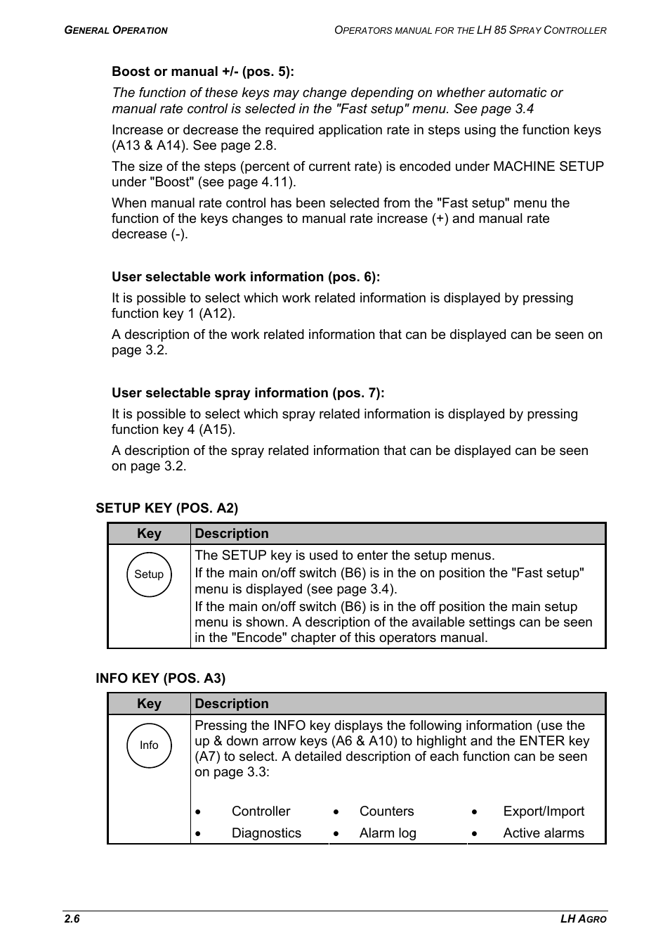 Setup key (pos. a2), Info key (pos. a3), Setup key (pos. a2) info key (pos. a3) | TeeJet LH 85 User Manual | Page 12 / 76