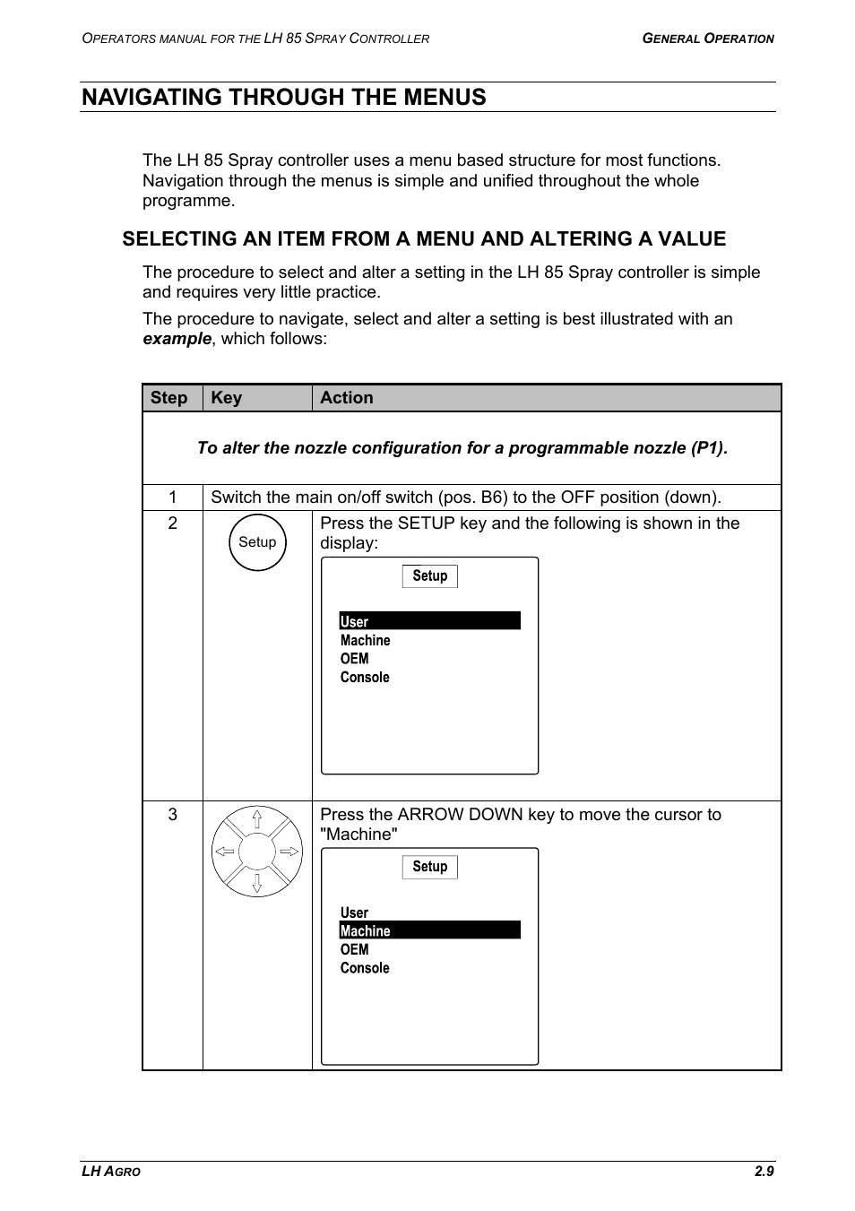 Navigating through the menus, Selecting an item from a menu and altering a value | TeeJet LH 85 User Manual | Page 15 / 76