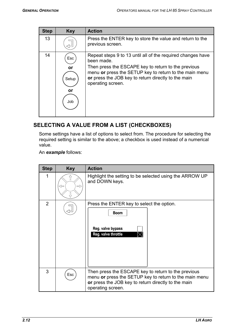 Selecting a value from a list (checkboxes) | TeeJet LH 85 User Manual | Page 18 / 76