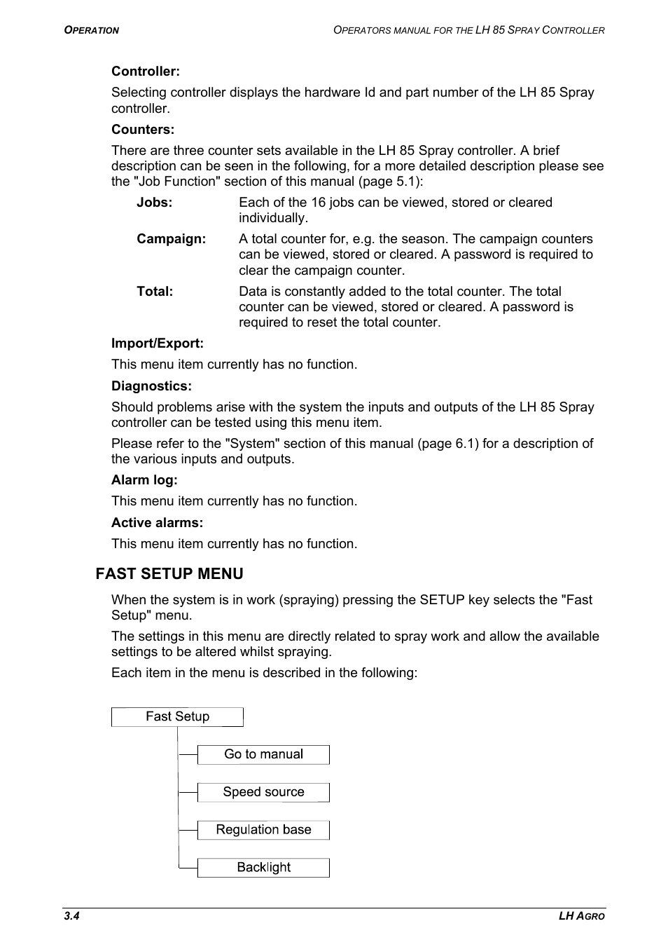 Fast setup menu | TeeJet LH 85 User Manual | Page 22 / 76