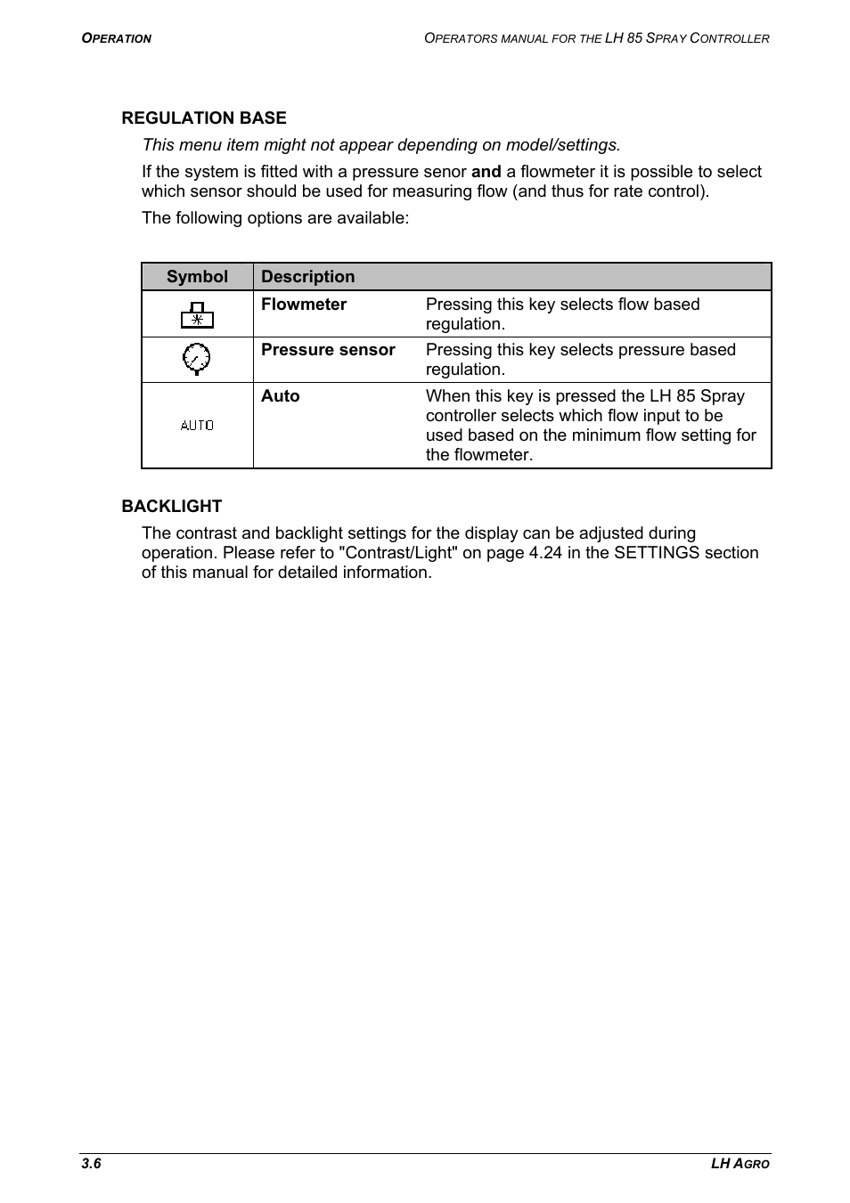 Regulation base, Backlight, Regulation base backlight | TeeJet LH 85 User Manual | Page 24 / 76