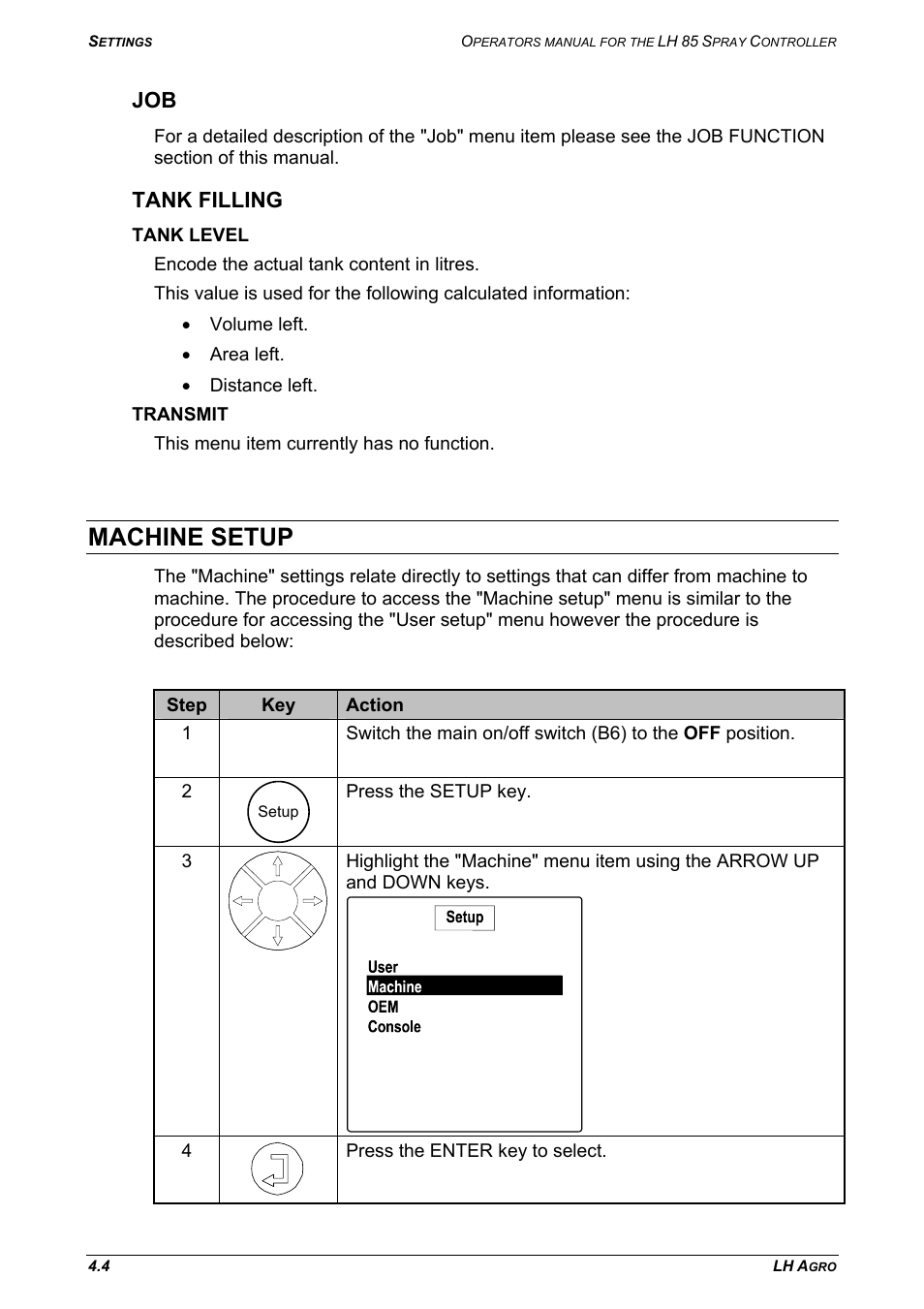 Tank filling, Tank level, Transmit | Machine setup, Job tank filling, Tank level transmit | TeeJet LH 85 User Manual | Page 28 / 76