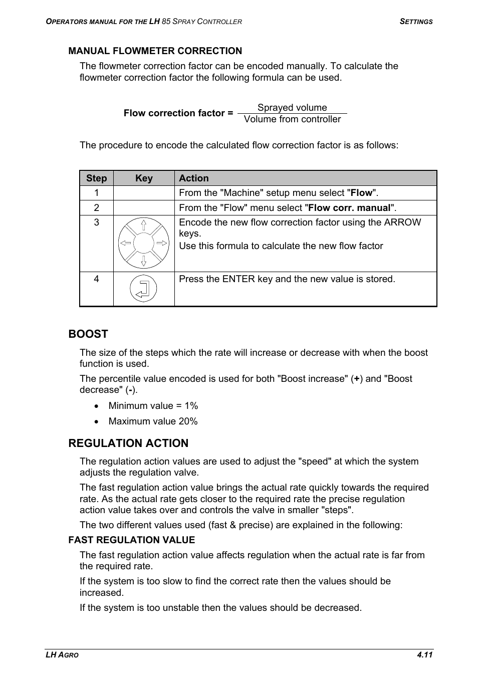 Manual flowmeter correction, Boost, Regulation action | Fast regulation value, Boost regulation action | TeeJet LH 85 User Manual | Page 35 / 76
