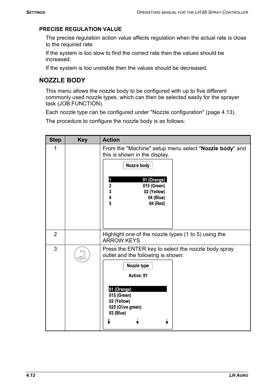 Precise regulation value, Nozzle body | TeeJet LH 85 User Manual | Page 36 / 76