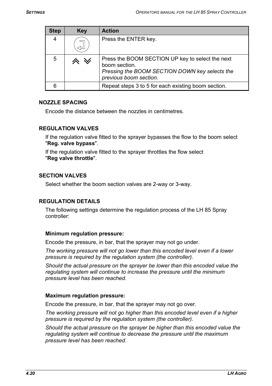 Nozzle spacing, Regulation valves, Section valves | Regulation details | TeeJet LH 85 User Manual | Page 44 / 76