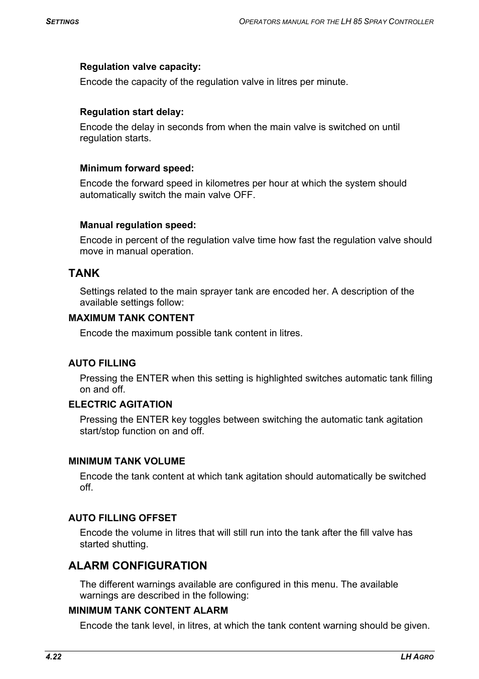 Tank, Maximum tank content, Auto filling | Electric agitation, Minimum tank volume, Auto filling offset, Alarm configuration, Minimum tank content alarm | TeeJet LH 85 User Manual | Page 46 / 76