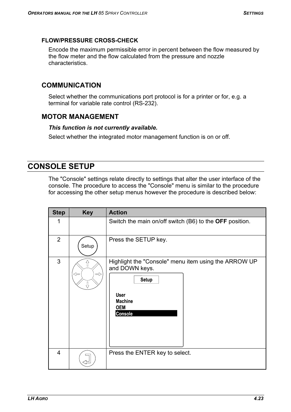 Flow/pressure cross-check, Communication, Motor management | Console setup, Communication motor management | TeeJet LH 85 User Manual | Page 47 / 76