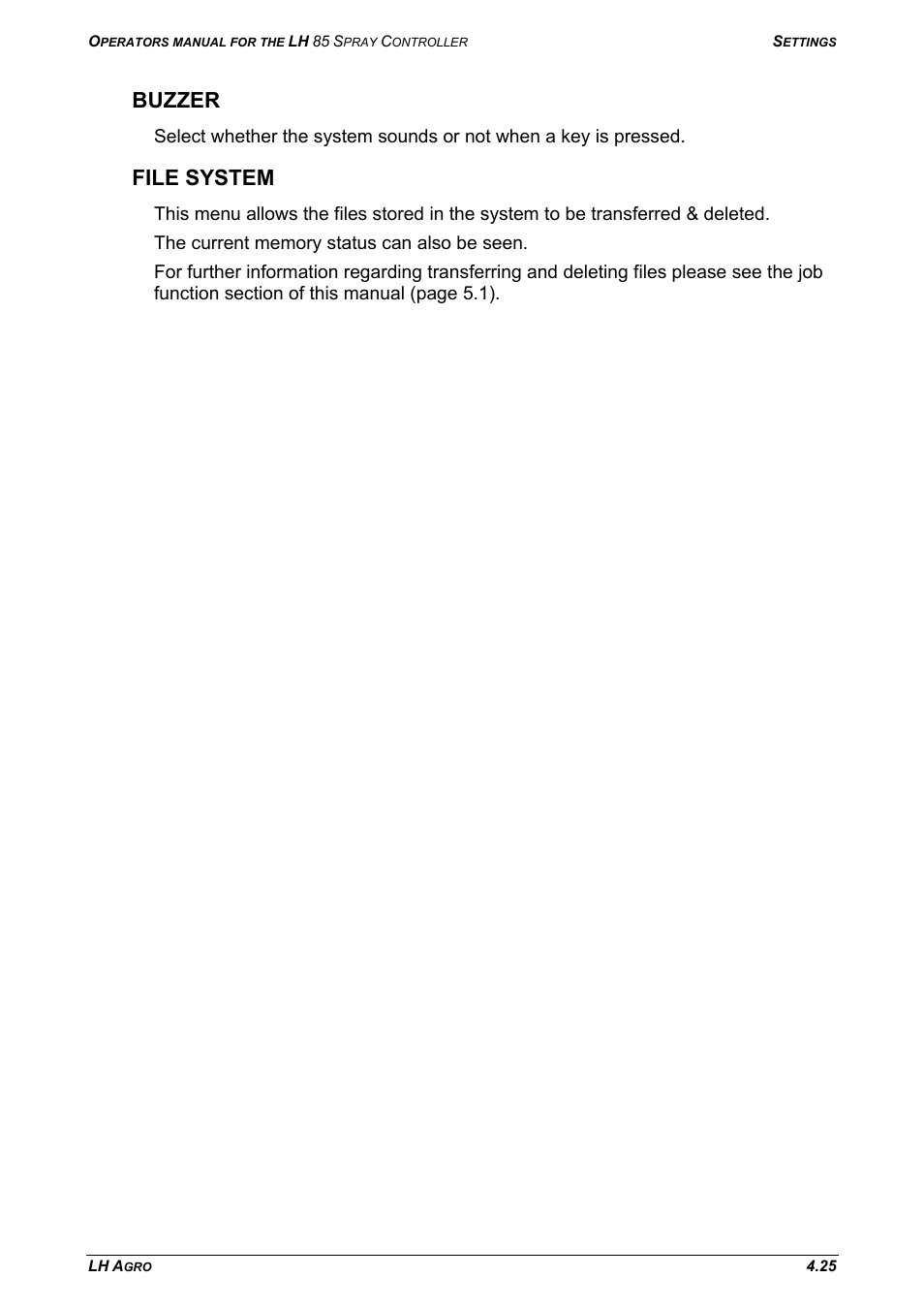Buzzer, File system | TeeJet LH 85 User Manual | Page 49 / 76