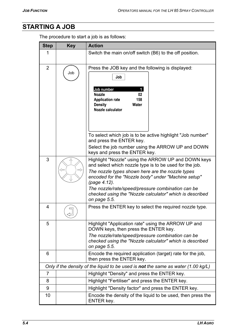 Starting a job | TeeJet LH 85 User Manual | Page 54 / 76