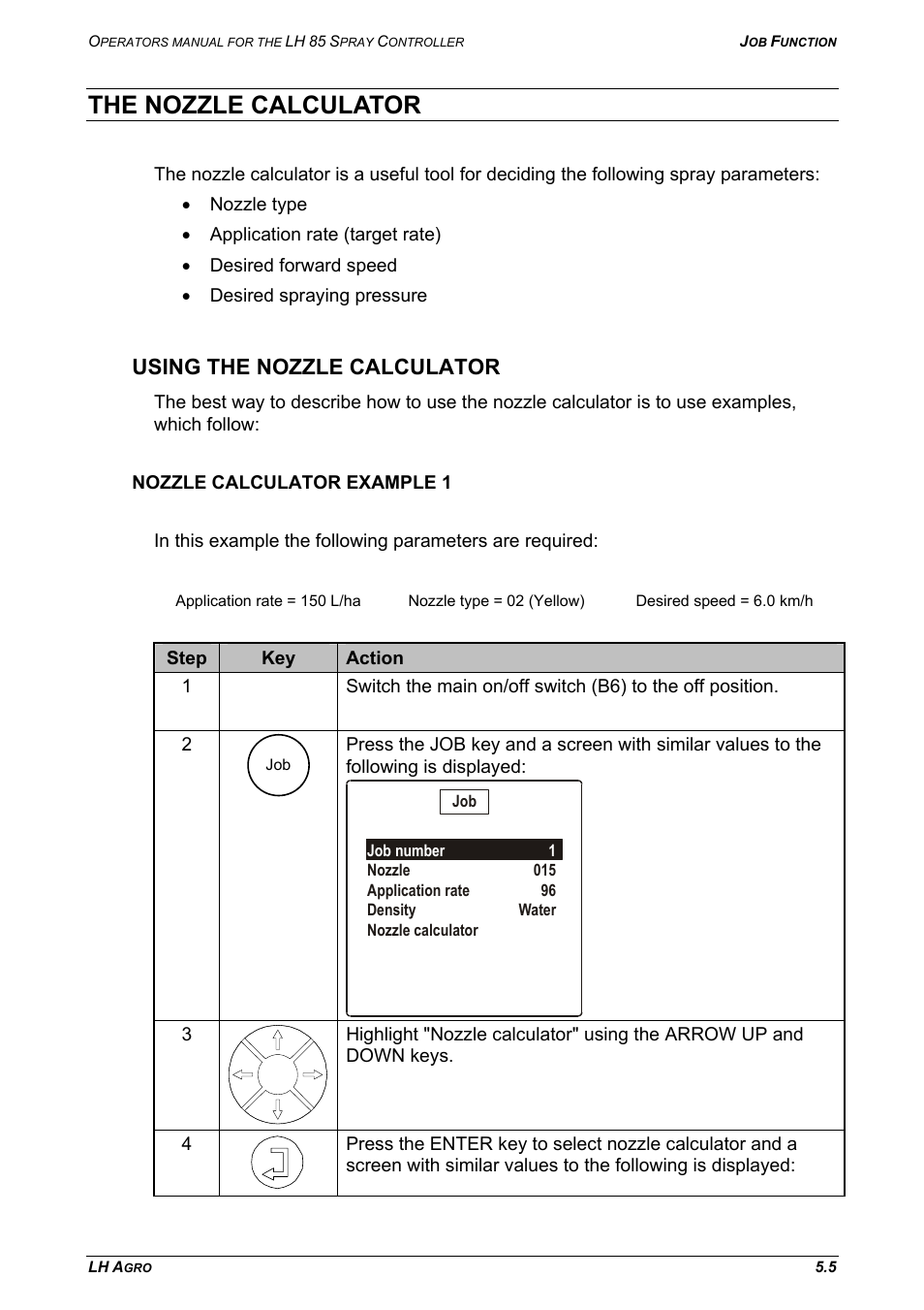 The nozzle calculator, Using the nozzle calculator, Nozzle calculator example 1 | TeeJet LH 85 User Manual | Page 55 / 76