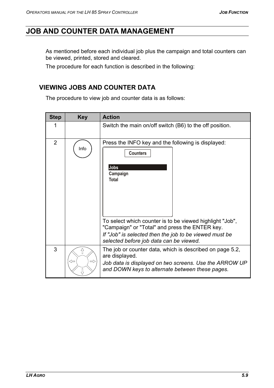 Job and counter data management, Viewing jobs and counter data | TeeJet LH 85 User Manual | Page 59 / 76