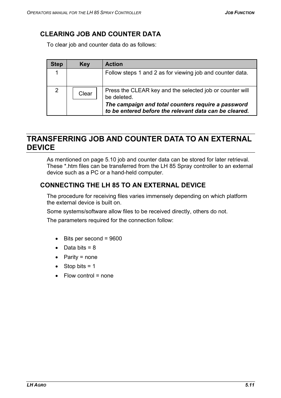 Clearing job and counter data, Connecting the lh 85 to an external device | TeeJet LH 85 User Manual | Page 61 / 76