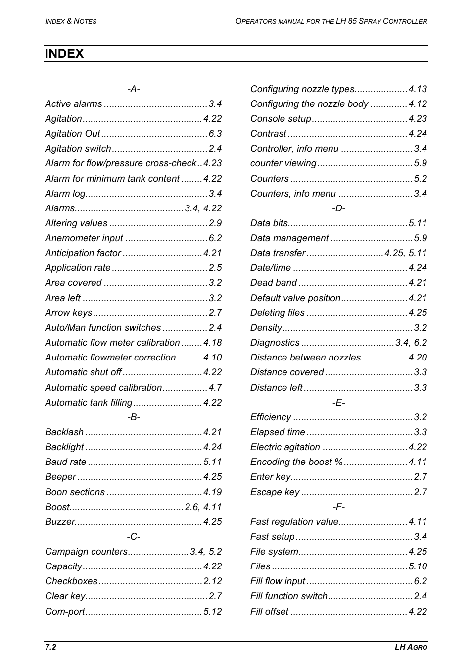 Index | TeeJet LH 85 User Manual | Page 70 / 76