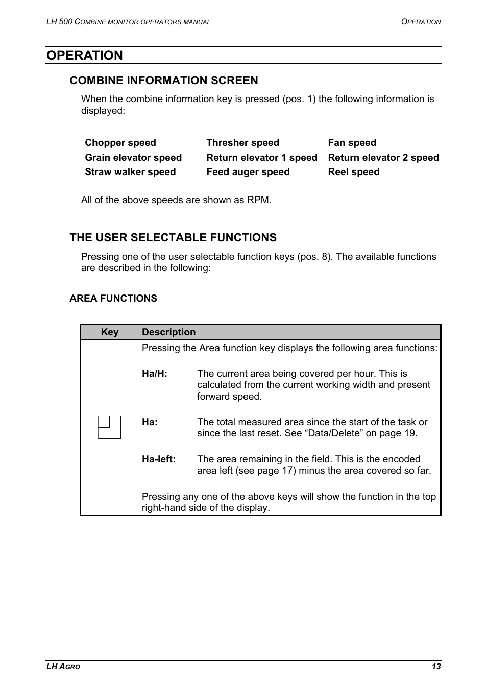 Operation, Combine information screen, The user selectable functions | Area functions | TeeJet LH 500 User Manual | Page 13 / 24