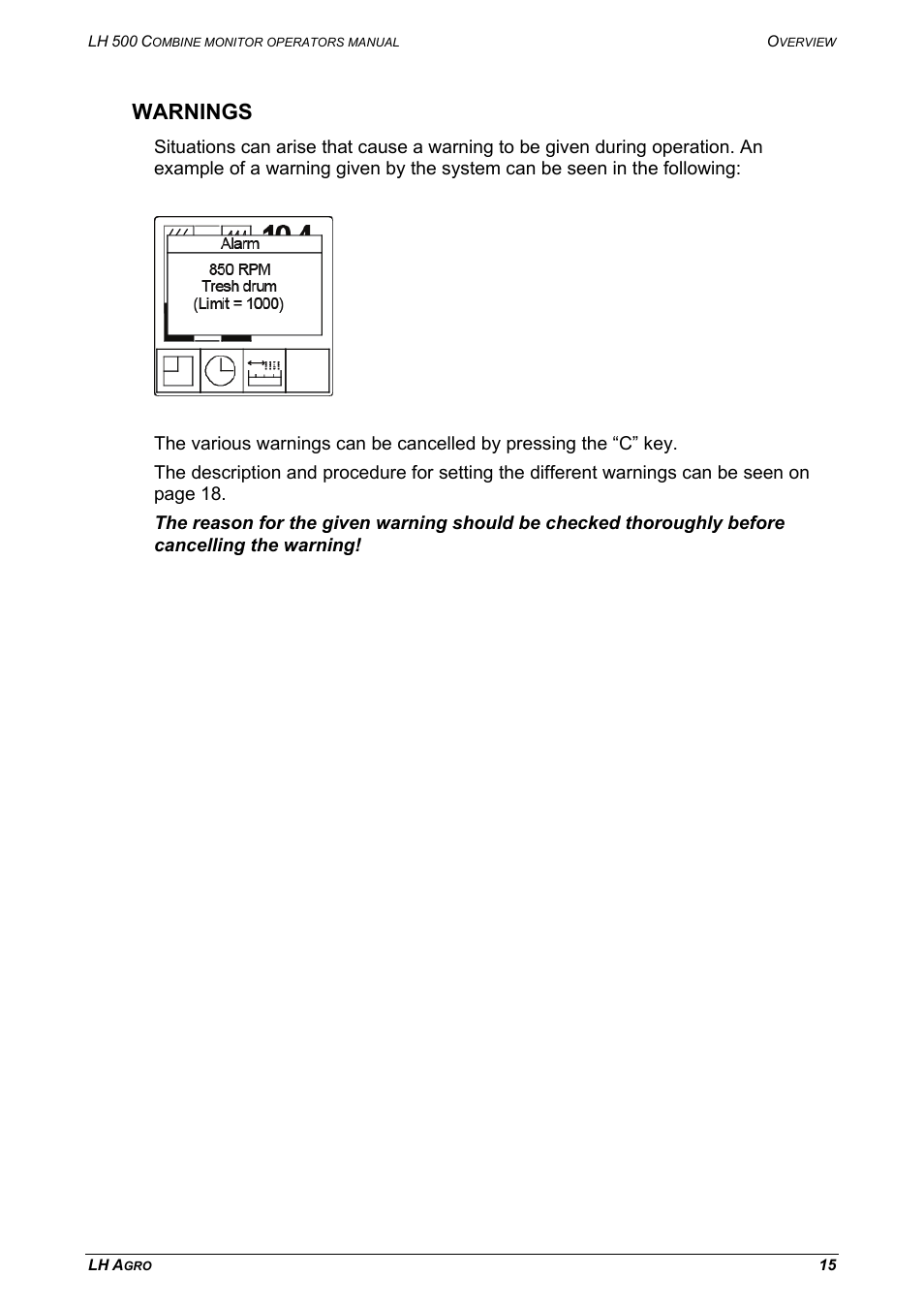 Warnings | TeeJet LH 500 User Manual | Page 15 / 24