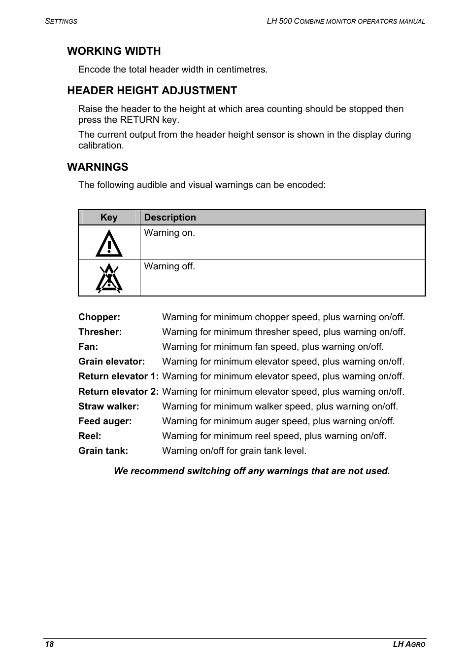 Working width, Header height adjustment, Warnings | Working width header height adjustment warnings | TeeJet LH 500 User Manual | Page 18 / 24