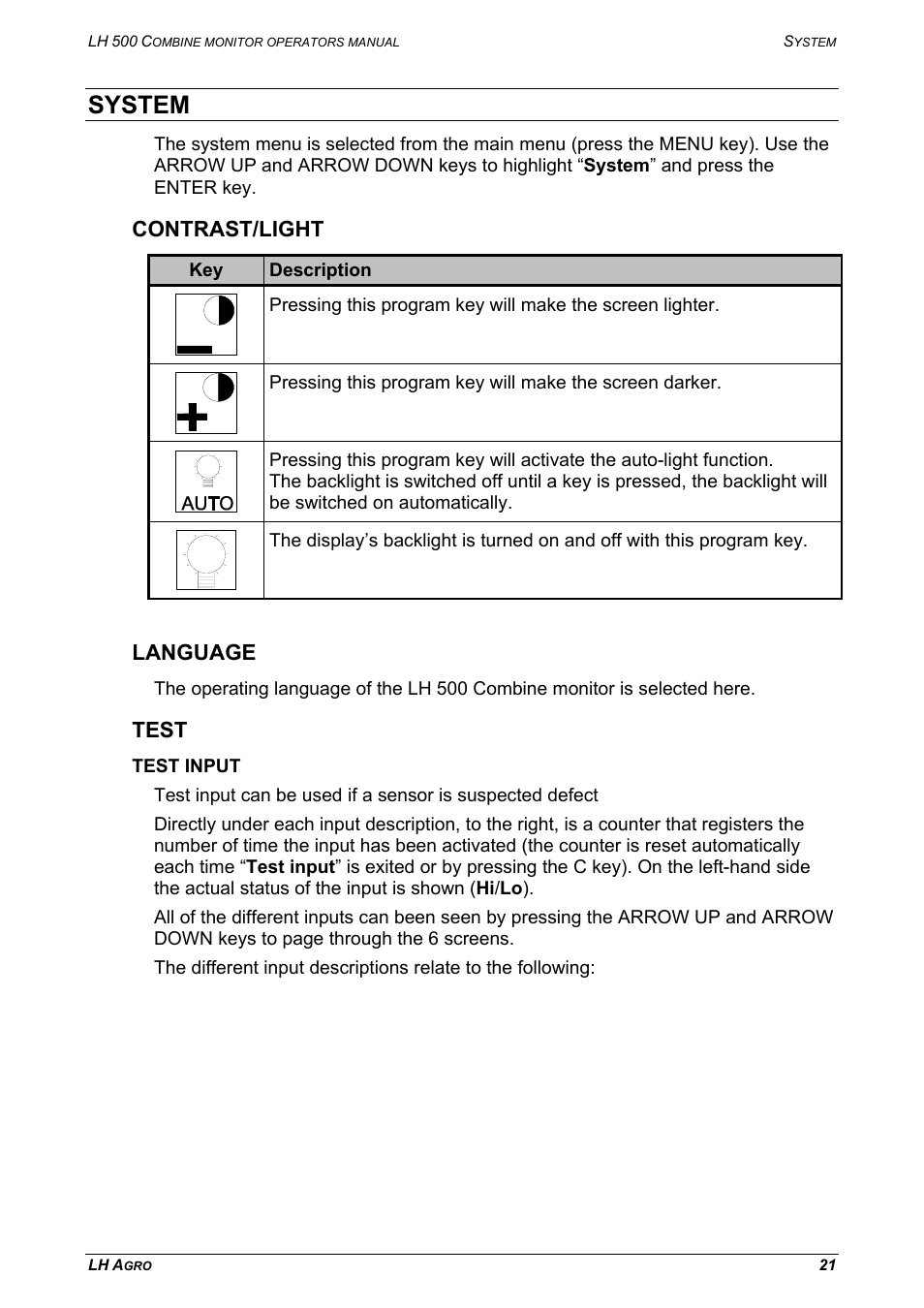 System, Contrast/light, Language | Test, Test input, Contrast/light language test | TeeJet LH 500 User Manual | Page 21 / 24