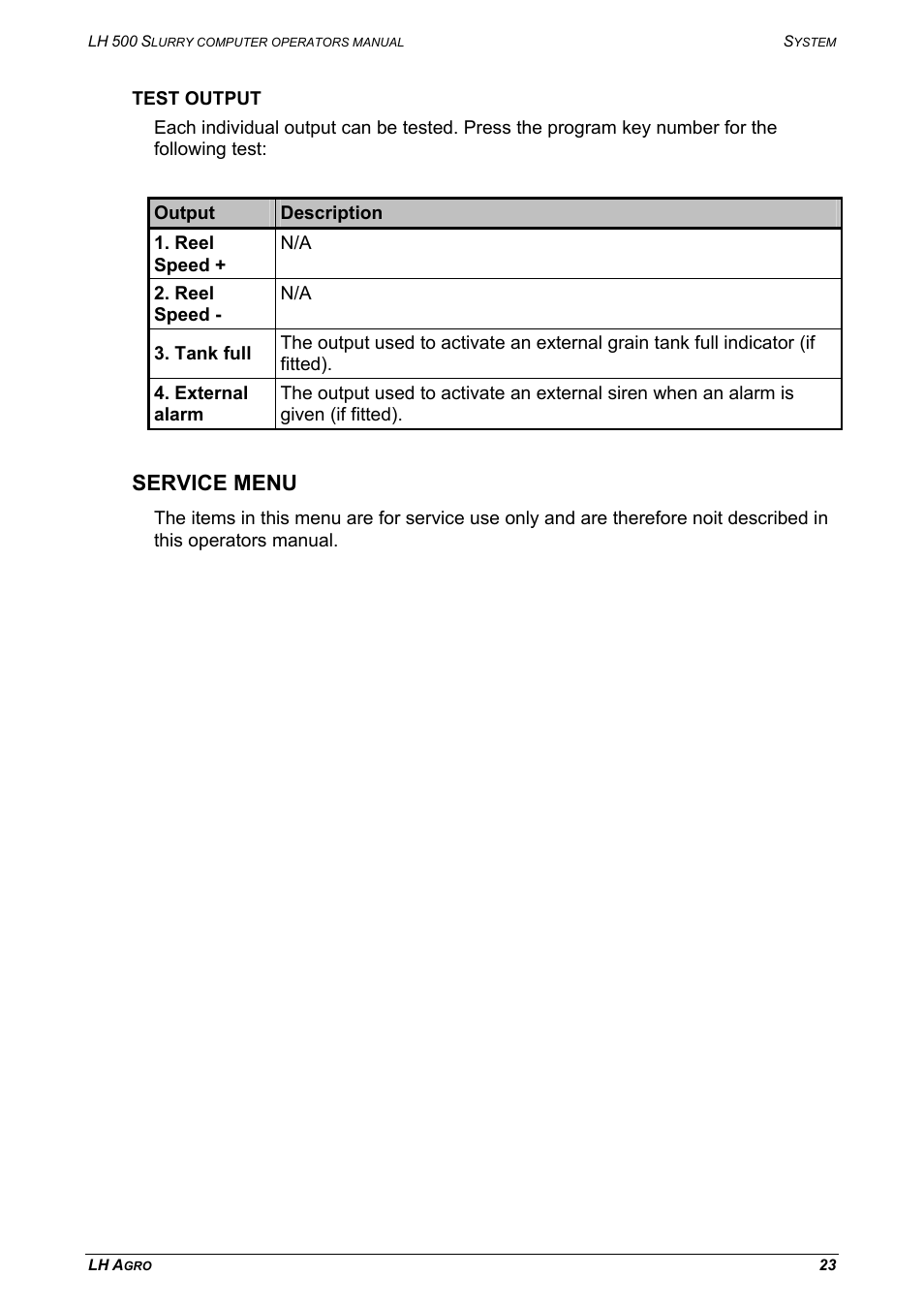 Test output, Service menu | TeeJet LH 500 User Manual | Page 23 / 24