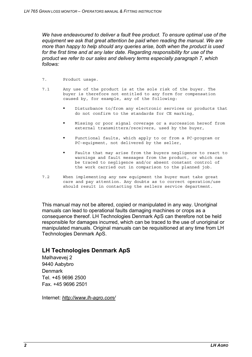 Lh technologies denmark aps | TeeJet LH 765 User Manual | Page 2 / 16