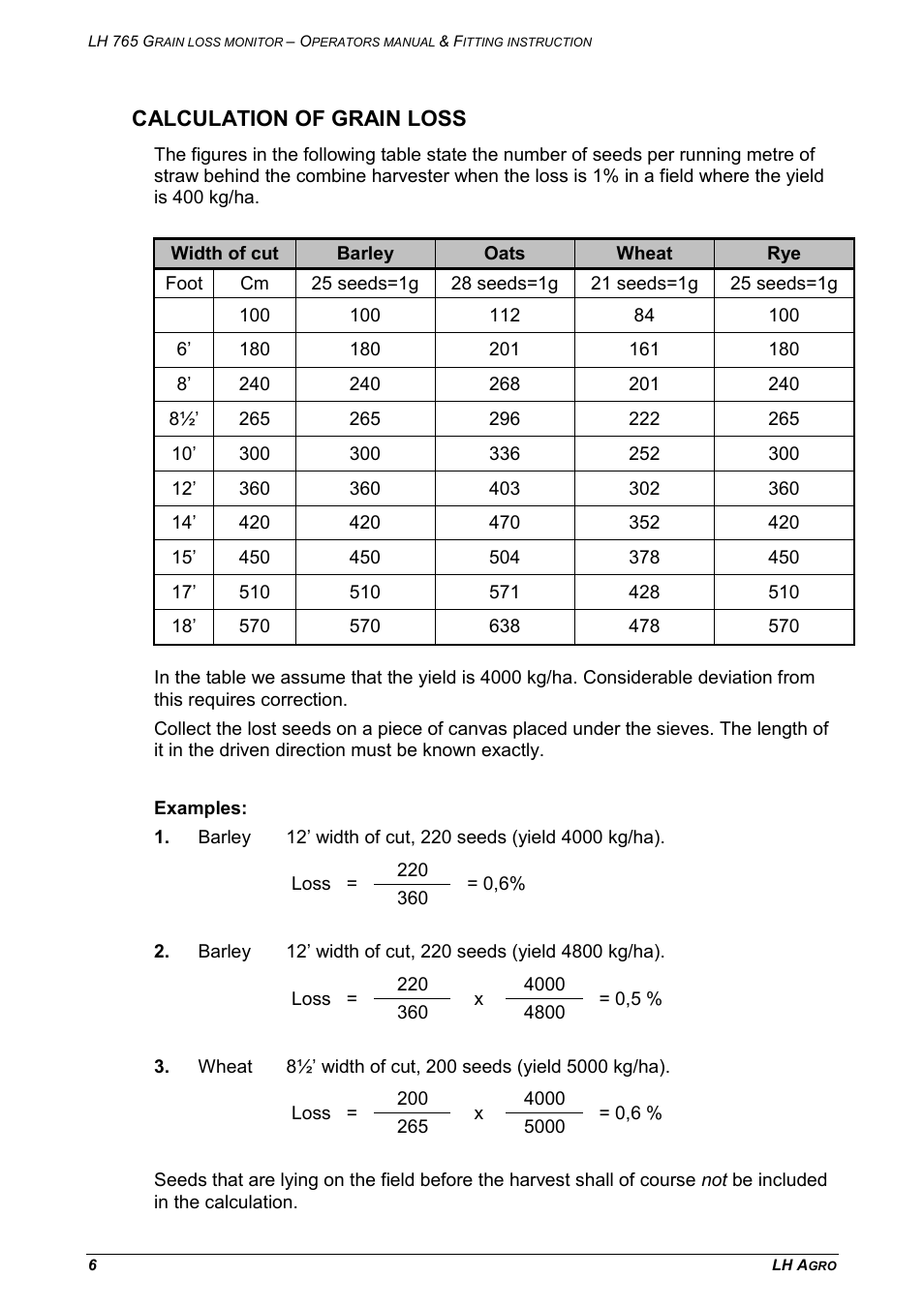 Calculation of grain loss | TeeJet LH 765 User Manual | Page 6 / 16
