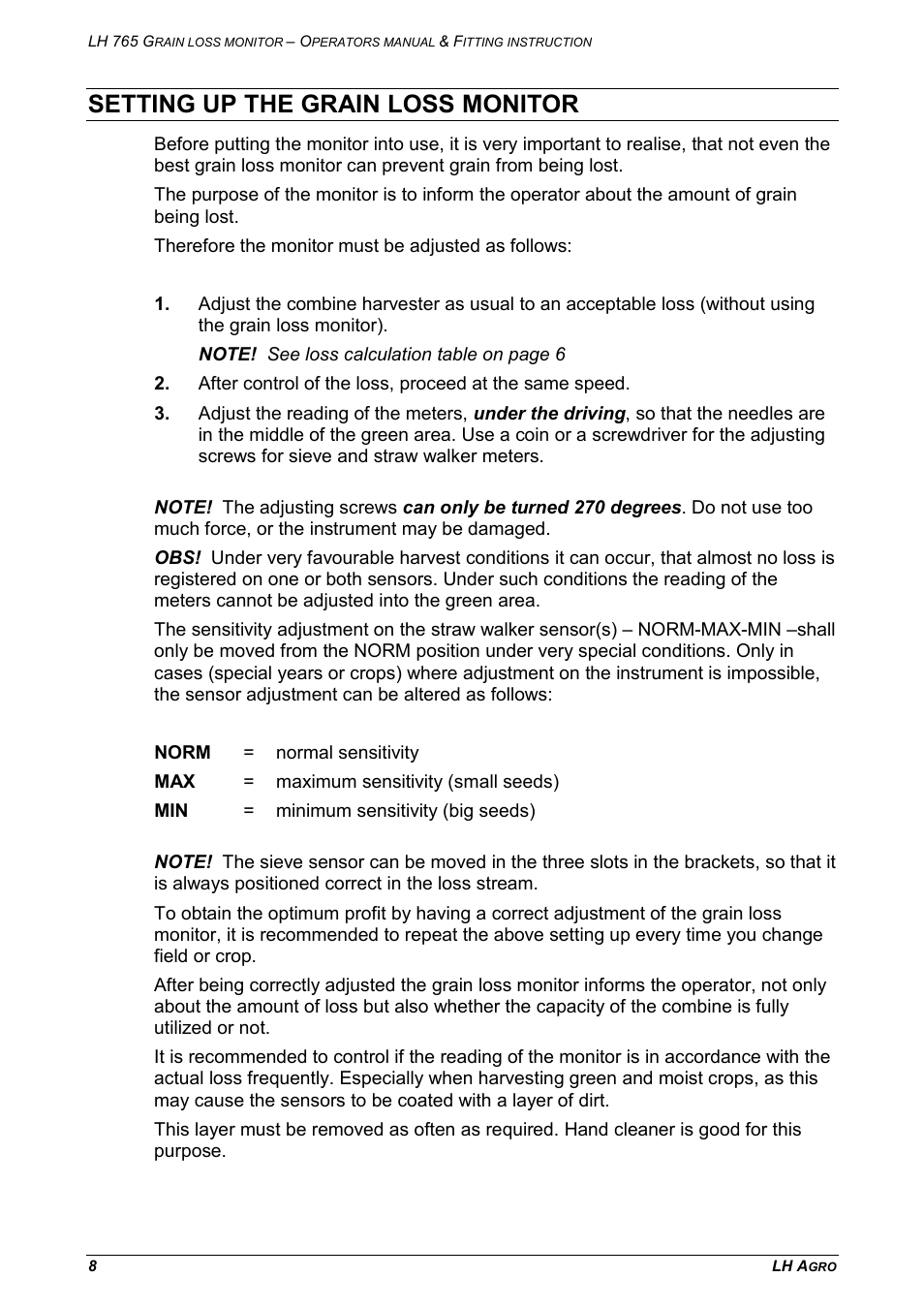 Setting up the grain loss monitor | TeeJet LH 765 User Manual | Page 8 / 16